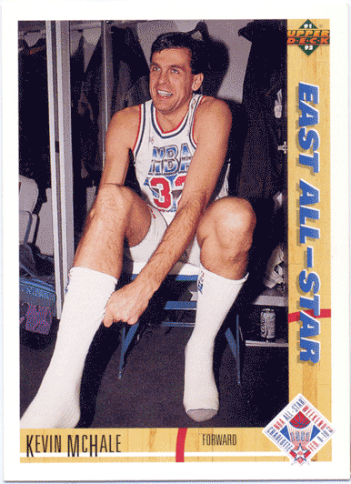 Kevin McHale putting on his socks on a basketball card