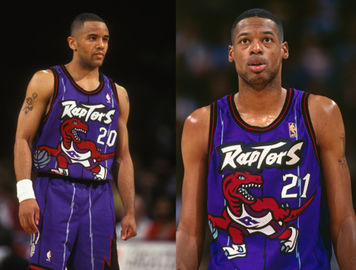 Damon Stoudamire and Marcus Camby with the Raptors dinosaur jerseys