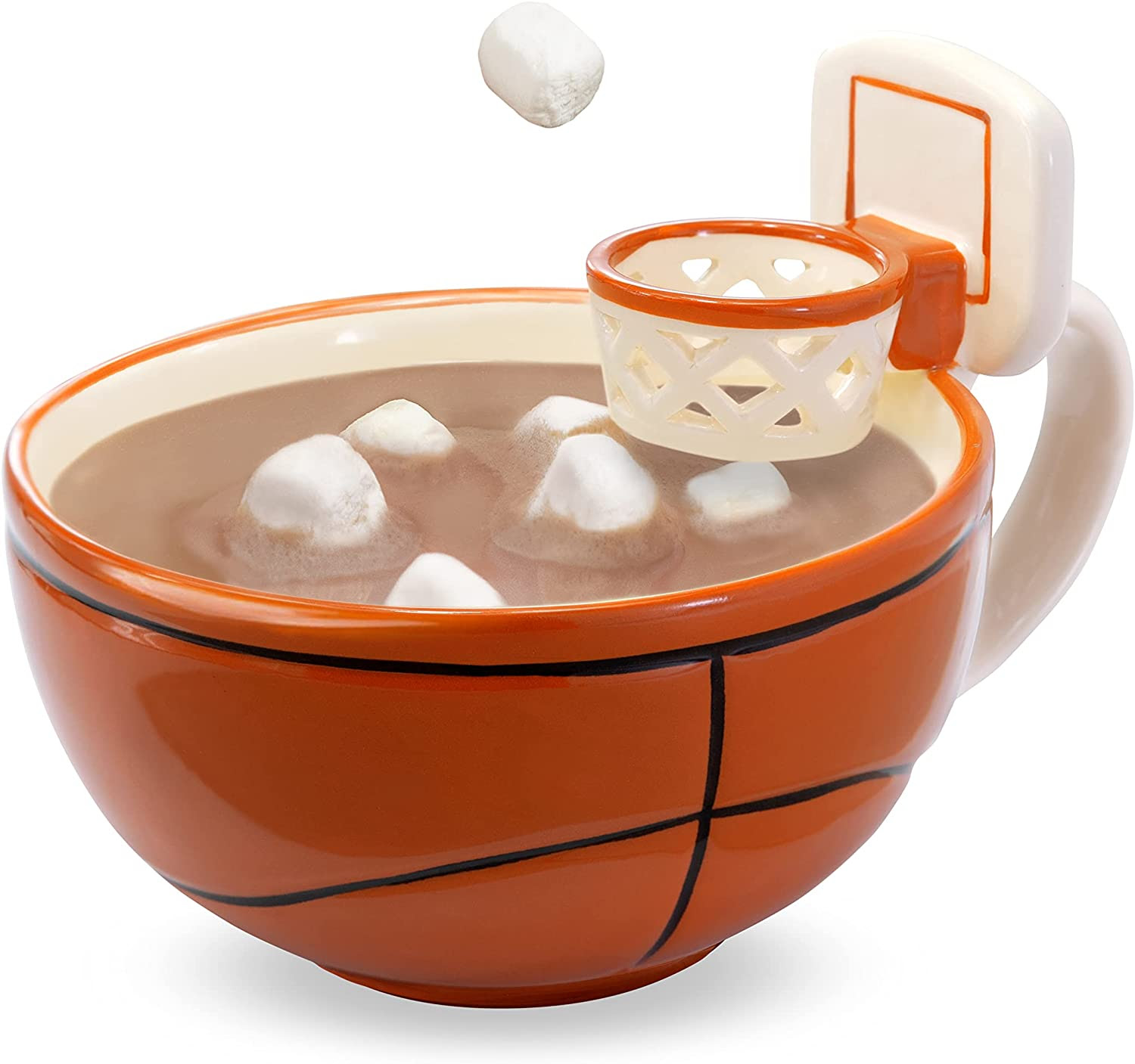 A basketball-shaped mug with a hoop and marshmallows in hot cocoa